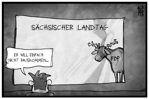 Cartoon: Sachsen-FDP (medium) by Kostas Koufogiorgos tagged karikatur,koufogiorgos,illustration,cartoon,fdp,elch,landtag,sachsen,wahl,landtagswahl,partei,politik,karikatur,koufogiorgos,illustration,cartoon,fdp,elch,landtag,sachsen,wahl,landtagswahl,partei,politik