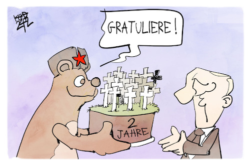 Cartoon: 2 Jahre Ukrainekrieg (medium) by Kostas Koufogiorgos tagged karikatur,koufogiorgos,ukraine,putin,bär,torte,krieg,russland,karikatur,koufogiorgos,sanktionen,russland,piden,trump,usa