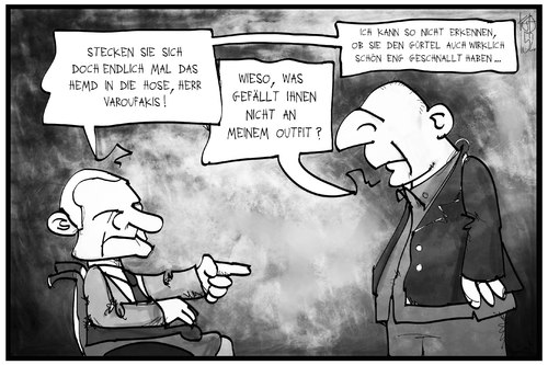 Cartoon: Schäuble und Varoufakis (medium) by Kostas Koufogiorgos tagged karikatur,koufogiorgos,illustration,cartoon,griechenland,schäuble,varoufakis,finanzminister,gürtel,deutschland,sparen,outfit,sparsamkeit,wirtschaft,politik,karikatur,koufogiorgos,illustration,cartoon,griechenland,schäuble,varoufakis,finanzminister,gürtel,deutschland,sparen,outfit,sparsamkeit,wirtschaft,politik