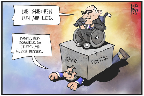 Cartoon: Schäubles Mitleid (medium) by Kostas Koufogiorgos tagged karikatur,koufogiorgos,illustration,cartoon,schäuble,griechenland,sparpaket,sparauflagen,druck,politik,europa,eu,karikatur,koufogiorgos,illustration,cartoon,schäuble,griechenland,sparpaket,sparauflagen,druck,politik,europa,eu