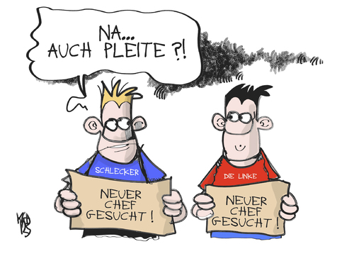 Cartoon: Schlecker und die Linke (medium) by Kostas Koufogiorgos tagged schlecker,linke,partei,bankrott,pleite,chef,vorsitz,insolvenz,wirtschaft,politik,karikatur,kostas,koufogiorgos,schlecker,linke,bankrott,partei,insolvenz