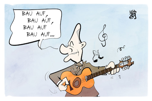 Cartoon: Scholz auf dem Wohnungsbaugipfel (medium) by Kostas Koufogiorgos tagged karikatur,koufogiorgos,wohnungsbaugipfel,lied,sozialismus,aufbau,gitarre,musik,karikatur,koufogiorgos,wohnungsbaugipfel,lied,sozialismus,aufbau,gitarre,musik