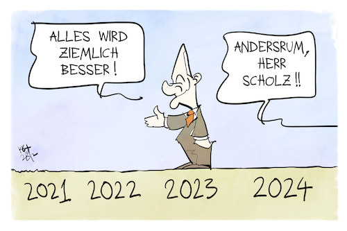 Cartoon: Scholz ist Optimist (medium) by Kostas Koufogiorgos tagged karikatur,koufogiorgos,scholz,optimismus,besser,jahreswechsel,andersrum,karikatur,koufogiorgos,scholz,optimismus,besser,jahreswechsel,andersrum