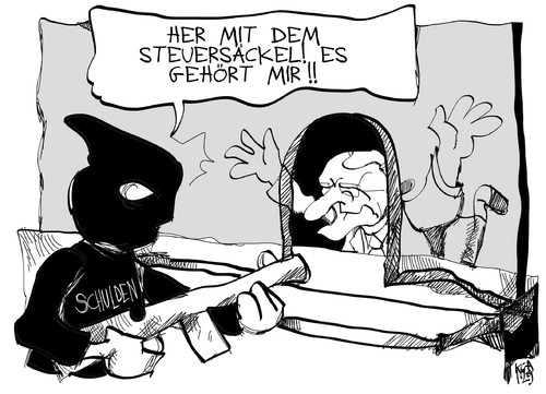 Cartoon: Schulden und Steuereinnahmen (medium) by Kostas Koufogiorgos tagged steuern,schulden,säckel,schäuble,raub,überfall,geld,karikatur,kostas,koufogiorgos,steuern,schulden,säckel,schäuble,raub,überfall,geld,karikatur,kostas,koufogiorgos