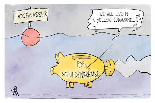 Cartoon: Schuldenbremse (medium) by Kostas Koufogiorgos tagged karikatur,koufogiorgos,schuldenbremse,beatles,yellow,submarine,fdp,sparschwein,geld,karikatur,koufogiorgos,schuldenbremse,beatles,yellow,submarine,fdp,sparschwein,geld