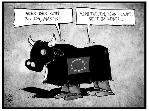 Cartoon: Schulz und Juncker (medium) by Kostas Koufogiorgos tagged karikatur,koufogiorgos,illustration,cartoon,juncker,schulz,europa,eu,stier,kommission,präsident,kopf,kandidat,politik,karikatur,koufogiorgos,illustration,cartoon,juncker,schulz,europa,eu,stier,kommission,präsident,kopf,kandidat,politik