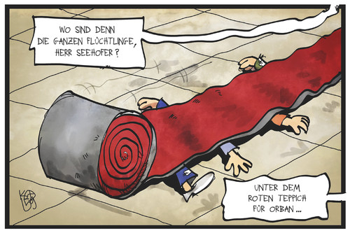 Cartoon: Seehofer und Orban (medium) by Kostas Koufogiorgos tagged karikatur,koufogiorgos,illustration,cartoon,seehofer,orban,einladung,roter,teppich,empfang,flüchtlinge,flüchtlingskrise,politik,csu,karikatur,koufogiorgos,illustration,cartoon,seehofer,orban,einladung,roter,teppich,empfang,flüchtlinge,flüchtlingskrise,politik,csu