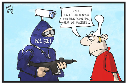 Cartoon: Sicherheitsgesetze (medium) by Kostas Koufogiorgos tagged karikatur,koufogiorgos,illustration,cartoon,sicherheitsgesetze,de,maiziere,innenminister,michel,karneval,verkleidung,terrorismus,polizei,übertreibung,aktionismus,politik,karikatur,koufogiorgos,illustration,cartoon,sicherheitsgesetze,de,maiziere,innenminister,michel,karneval,verkleidung,terrorismus,polizei,übertreibung,aktionismus,politik