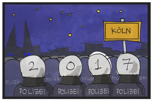 Cartoon: Silvester in Köln (medium) by Kostas Koufogiorgos tagged karikatur,koufogiorgos,illustration,cartoon,koeln,silvester,feier,2017,jahreswechsel,polizei,sicherheit,hundertschaft,karikatur,koufogiorgos,illustration,cartoon,koeln,silvester,feier,2017,jahreswechsel,polizei,sicherheit,hundertschaft