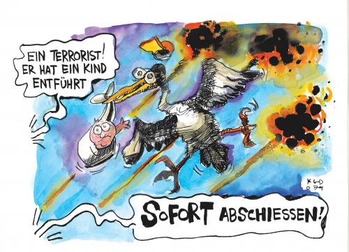 Cartoon: Sofort abschiessen! (medium) by Kostas Koufogiorgos tagged terror,terrorismus,schäuble,jung,wolfgang schäuble,wolfgang,schäuble,franz josef jung,franz,josef,jung,terror,terrorismus,terrorangst,militär,flugzeuge,entführungen,storch,babies,baby,abschuss,abschießen,freigabe,verkehr,fall,al,kaida,panik,angst,befürworten,sicherheit,schutz,attentat,anschlag,entführung,flugzeugentführung,amok,angriff,staat,september,flugverkehr,verwechslung,verwechseln,irrtum,kindstot,mord,abtreibung,abtreiben