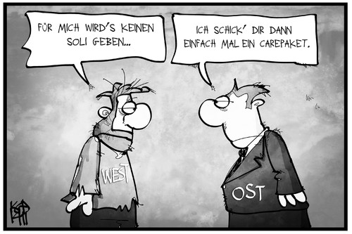 Cartoon: Soli West (medium) by Kostas Koufogiorgos tagged karikatur,koufogiorgos,illustration,cartoon,ost,west,soli,solidaritätszuschlag,hilfspaket,unterstützung,arm,reich,deutschland,karikatur,koufogiorgos,illustration,cartoon,ost,west,soli,solidaritätszuschlag,hilfspaket,unterstützung,arm,reich,deutschland