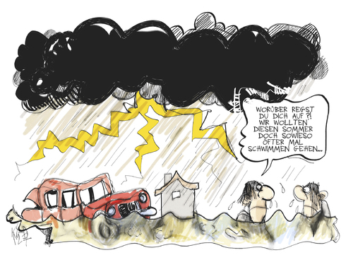 Cartoon: Sommerwetter (medium) by Kostas Koufogiorgos tagged sommer,gewitter,unwetter,wetter,schwimmen,deutschland,umwelt,karikatur,kostas,koufogiorgos,sommer,unwetter,gewitter,schwimmen,deutschland,umwelt