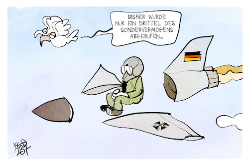 Cartoon: Sondervermögen (medium) by Kostas Koufogiorgos tagged karikatur,koufogiorgos,bundeswehr,militär,sondervermögen,waffen,soldat,luftwaffe,kampfjet,karikatur,koufogiorgos,bundeswehr,militär,sondervermögen,waffen,soldat,luftwaffe,kampfjet