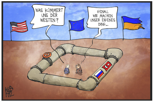 Cartoon: Southstream-Pipeline (medium) by Kostas Koufogiorgos tagged karikatur,koufogiorgos,illustration,cartoon,southstream,europa,ukraine,usa,westen,tuerkei,russland,pipeline,gas,energie,wirtschaft,politik,karikatur,koufogiorgos,illustration,cartoon,southstream,europa,ukraine,usa,westen,tuerkei,russland,pipeline,gas,energie,wirtschaft,politik