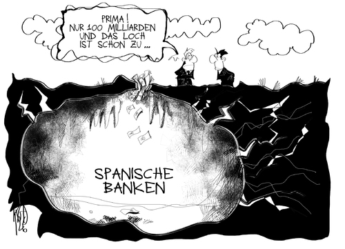 Cartoon: Spanien (medium) by Kostas Koufogiorgos tagged spanien,bank,euro,schulden,krise,rettungsschirm,wirtschaft,europa,karikatur,kostas,koufogiorgos,spanien,bank,banken,krise,euro,rettungsschirm