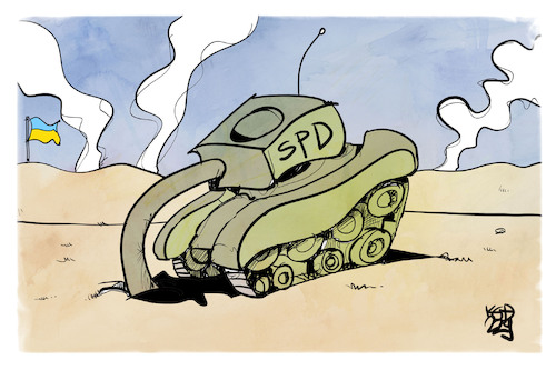 Cartoon: SPD-Panzer (medium) by Kostas Koufogiorgos tagged karikatur,koufogiorgos,panzer,spd,waffen,ukraine,militär,karikatur,koufogiorgos,panzer,spd,waffen,ukraine,militär