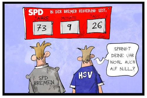 Cartoon: SPD Bremen (medium) by Kostas Koufogiorgos tagged karikatur,koufogiorgos,illustration,cartoon,spd,bremen,hsv,uhr,zeit,regierung,sozialdemokraten,sport,bundesliga,karikatur,koufogiorgos,illustration,cartoon,spd,bremen,hsv,uhr,zeit,regierung,sozialdemokraten,sport,bundesliga