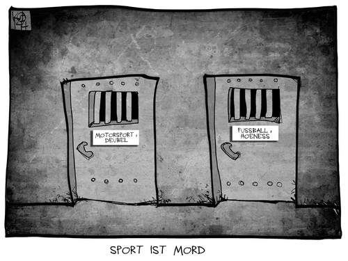 Cartoon: Sport ist Mord (medium) by Kostas Koufogiorgos tagged karikatur,koufogiorgos,cartoon,illustration,sport,mord,gefängnis,haft,hoeness,deubel,zelle,strafe,nürburgring,steuerhinterziehung,geld,untreue,politik,finanzminister,karikatur,koufogiorgos,cartoon,illustration,sport,mord,gefängnis,haft,hoeness,deubel,zelle,strafe,nürburgring,steuerhinterziehung,geld,untreue,politik,finanzminister