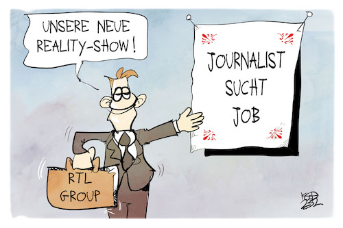 Cartoon: Stellenabbau bei Gruner und Jahr (medium) by Kostas Koufogiorgos tagged karikatur,koufogiorgos,stellenabbau,job,suche,rtl,fernsehen,show,reality,journalist,karikatur,koufogiorgos,stellenabbau,job,suche,rtl,fernsehen,show,reality,journalist