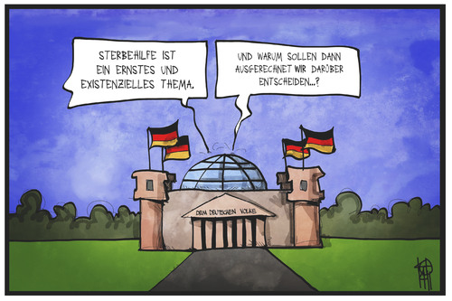 Cartoon: Sterbehilfe (medium) by Kostas Koufogiorgos tagged karikatur,koufogiorgos,illustration,cartoon,sterbehilfe,reichstag,bundestag,parlament,ethik,entscheidung,beratung,politik,karikatur,koufogiorgos,illustration,cartoon,sterbehilfe,reichstag,bundestag,parlament,ethik,entscheidung,beratung,politik