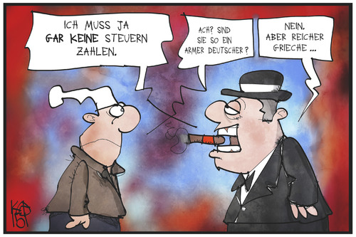 Cartoon: Steuergerechtigkeit (medium) by Kostas Koufogiorgos tagged karikatur,koufogiorgos,illustration,cartoon,deutschland,griechenland,michel,deutscher,grieche,steuern,einnahmen,steuergerechtigkeit,abgabe,reich,arm,betrug,politik,finanzen,karikatur,koufogiorgos,illustration,cartoon,deutschland,griechenland,michel,deutscher,grieche,steuern,einnahmen,steuergerechtigkeit,abgabe,reich,arm,betrug,politik,finanzen