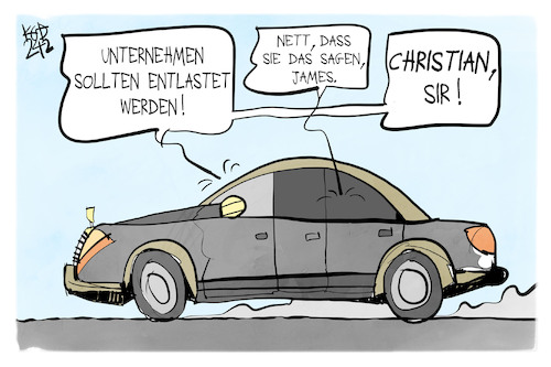 Cartoon: Steuersenkungen (medium) by Kostas Koufogiorgos tagged karikatur,koufogiorgos,lindner,chauffeur,james,unternehmen,reich,steuern,karikatur,koufogiorgos,lindner,chauffeur,james,unternehmen,reich,steuern