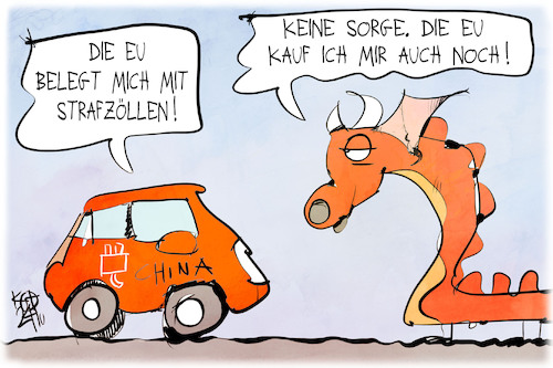 Cartoon: Strafzölle (medium) by Kostas Koufogiorgos tagged karikatur,koufogiorgos,eauto,mobilität,china,drache,wirtschft,strafzoll,karikatur,koufogiorgos,eauto,mobilität,china,drache,wirtschft,strafzoll