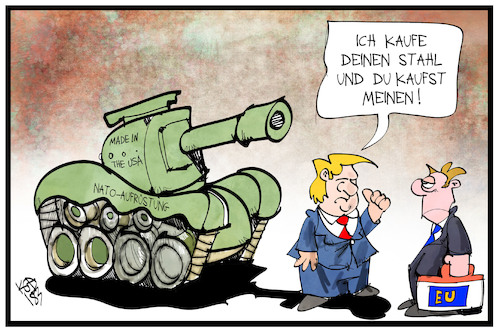 Cartoon: Strafzölle und Aufrüstung (medium) by Kostas Koufogiorgos tagged karikatur,koufogiorgos,illustration,cartoon,zoll,strafzoelle,eu,usa,rüstungsgüter,stahl,nato,panzer,trump,europa,handel,handelskrieg,wirtschaft,karikatur,koufogiorgos,illustration,cartoon,zoll,strafzoelle,eu,usa,rüstungsgüter,stahl,nato,panzer,trump,europa,handel,handelskrieg,wirtschaft