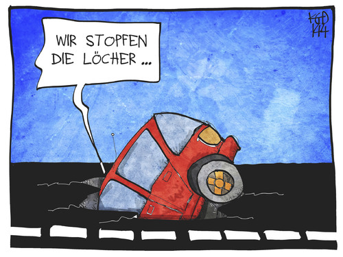 Cartoon: Straßen-Sonderabgabe (medium) by Kostas Koufogiorgos tagged karikatur,koufogiorgos,cartoon,illustration,auto,abgabe,steuer,autofahrer,albig,verkehr,schlagloch,schaden,strasse,politik,karikatur,koufogiorgos,cartoon,illustration,auto,abgabe,steuer,autofahrer,albig,verkehr,schlagloch,schaden,strasse,politik