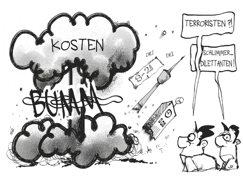 Cartoon: Stuttgart 21 (medium) by Kostas Koufogiorgos tagged stuttgart,21,bahn,dilettanten,terroristen,explosion,kosten,geld,bahnhof,karikatur,kostas,koufogiorgos,stuttgart,21,bahn,dilettanten,terroristen,explosion,kosten,geld,bahnhof,karikatur,kostas,koufogiorgos