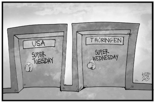 Cartoon: Super Wednesday in Thüringen (medium) by Kostas Koufogiorgos tagged karikatur,koufogiorgos,illustration,cartoon,thueringen,wahl,ministerpräsident,ramelow,landtag,erfurt,usa,super,tuesday,vorwahl,karikatur,koufogiorgos,illustration,cartoon,thueringen,wahl,ministerpräsident,ramelow,landtag,erfurt,usa,super,tuesday,vorwahl