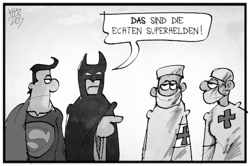 Cartoon: Superhelden (medium) by Kostas Koufogiorgos tagged karikatur,koufogiorgos,illustration,cartoon,batman,superman,arzt,krankenschwester,pfleger,corona,krise,pandemie,gesundheitswesen,held,superheld,karikatur,koufogiorgos,illustration,cartoon,batman,superman,arzt,krankenschwester,pfleger,corona,krise,pandemie,gesundheitswesen,held,superheld