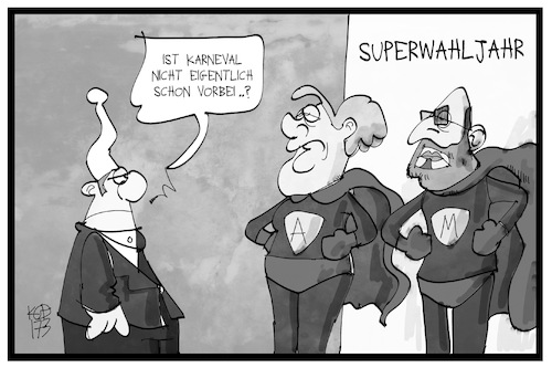 Cartoon: Superwahljahr (medium) by Kostas Koufogiorgos tagged karikatur,koufogiorgos,illustration,cartoon,superwahljahr,supermann,michel,merkel,schulz,verkleidung,karneval,landtagswahl,saarland,karikatur,koufogiorgos,illustration,cartoon,superwahljahr,supermann,michel,merkel,schulz,verkleidung,karneval,landtagswahl,saarland