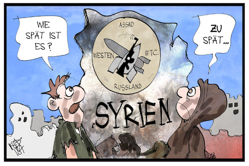 Cartoon: Syrien (medium) by Kostas Koufogiorgos tagged karikatur,koufogiorgos,illustration,cartoon,syrien,angriff,krieg,konflikt,zivilist,uhr,waffen,spät,zukunft,zerstörung,karikatur,koufogiorgos,illustration,cartoon,syrien,angriff,krieg,konflikt,zivilist,uhr,waffen,spät,zukunft,zerstörung