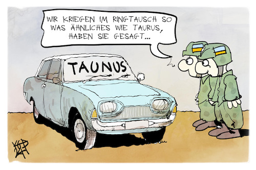 Cartoon: Taunus statt Taurus (medium) by Kostas Koufogiorgos tagged karikatur,koufogiorgos,taunus,ford,auto,taurus,waffen,ukraine,soldat,karikatur,koufogiorgos,taunus,ford,auto,taurus,waffen,ukraine,soldat