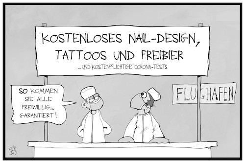 Cartoon: Tests für Einreisende (medium) by Kostas Koufogiorgos tagged karikatur,koufogiorgos,illustration,cartoon,corona,test,flughafen,arzt,reisende,urlauber,mallorca,lockangebot,pandemie,karikatur,koufogiorgos,illustration,cartoon,corona,test,flughafen,arzt,reisende,urlauber,mallorca,lockangebot,pandemie