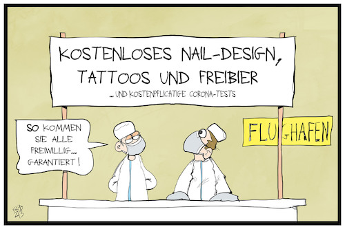 Cartoon: Tests für Einreisende (medium) by Kostas Koufogiorgos tagged karikatur,koufogiorgos,illustration,cartoon,corona,test,flughafen,arzt,reisende,urlauber,mallorca,lockangebot,pandemie,karikatur,koufogiorgos,illustration,cartoon,corona,test,flughafen,arzt,reisende,urlauber,mallorca,lockangebot,pandemie