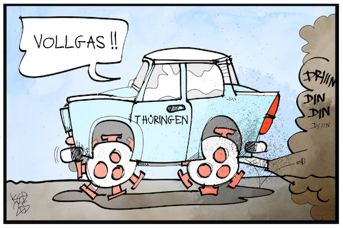 Cartoon: Thüringen startet durch (medium) by Kostas Koufogiorgos tagged karikatur,koufogiorgos,illustration,cartoon,thueringen,trabi,corona,auto,lockerung,ddr,fahren,pandemie,karikatur,koufogiorgos,illustration,cartoon,thueringen,trabi,corona,auto,lockerung,ddr,fahren,pandemie