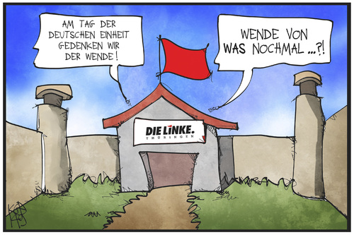 Cartoon: Thüringer Tag der Einheit (medium) by Kostas Koufogiorgos tagged karikatur,koufogiorgos,illustration,cartoon,thüringen,linke,partei,wende,ddr,einheit,politik,mauer,sozialismus,karikatur,koufogiorgos,illustration,cartoon,thüringen,linke,partei,wende,ddr,einheit,politik,mauer,sozialismus