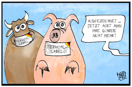 Cartoon: Tierwohllabel (medium) by Kostas Koufogiorgos tagged karikatur,koufogiorgos,illustration,cartoon,tierwohl,fleisch,mast,tierquälerei,schwein,kuh,rind,landwirtschaft,ernährung,schlachten,karikatur,koufogiorgos,illustration,cartoon,tierwohl,fleisch,mast,tierquälerei,schwein,kuh,rind,landwirtschaft,ernährung,schlachten