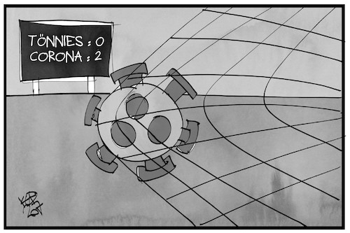 Cartoon: Tönnies-Corona (medium) by Kostas Koufogiorgos tagged karikatur,koufogiorgos,illustration,cartoon,toennies,corona,fussball,tor,spielstand,infektion,karikatur,koufogiorgos,illustration,cartoon,toennies,corona,fussball,tor,spielstand,infektion