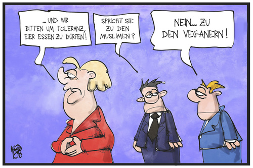 Cartoon: Toleranz (medium) by Kostas Koufogiorgos tagged karikatur,koufogiorgos,illustration,cartoon,merkel,botschaft,schweinefleisch,eier,veganer,migranten,muslime,toleranz,essgewohnheit,kultur,tradition,bundeskanzlerin,karikatur,koufogiorgos,illustration,cartoon,merkel,botschaft,schweinefleisch,eier,veganer,migranten,muslime,toleranz,essgewohnheit,kultur,tradition,bundeskanzlerin