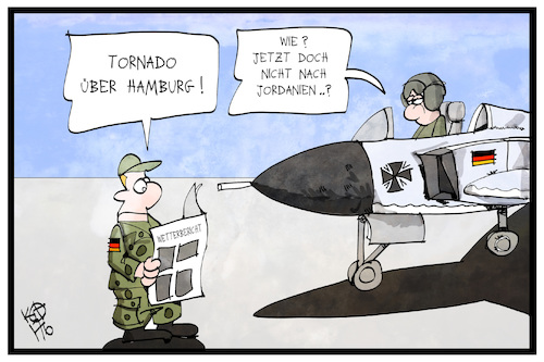 Cartoon: Tornado in Hamburg (medium) by Kostas Koufogiorgos tagged karikatur,koufogiorgos,illustration,cartoon,tornado,bundeswehr,incirlik,jordanien,hamburg,militär,wetter,unwetter,sturm,karikatur,koufogiorgos,illustration,cartoon,tornado,bundeswehr,incirlik,jordanien,hamburg,militär,wetter,unwetter,sturm