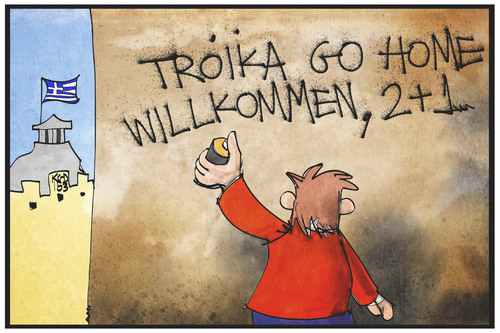 Cartoon: Troika go home (medium) by Kostas Koufogiorgos tagged karikatur,koufogiorgos,illustration,cartoon,griechenland,troika,willkommen,graffiti,widerspruch,institutionen,europa,politik,karikatur,koufogiorgos,illustration,cartoon,griechenland,troika,willkommen,graffiti,widerspruch,institutionen,europa,politik