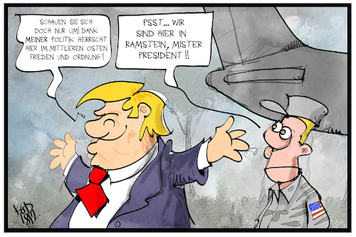 Cartoon: Trump in Ramstein (medium) by Kostas Koufogiorgos tagged karikatur,koufogiorgos,illustration,cartoon,trump,ramstein,truppen,usa,soldat,mittlerer,osten,irak,syrien,afghanistan,frieden,politik,aussenpolitik,karikatur,koufogiorgos,illustration,cartoon,trump,ramstein,truppen,usa,soldat,mittlerer,osten,irak,syrien,afghanistan,frieden,politik,aussenpolitik