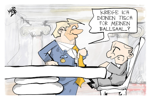 Cartoon: Trump möbliert seinen Ballsaal (medium) by Kostas Koufogiorgos tagged karikatur,koufogiorgos,putin,trump,tisch,ballsaal,prunk,karikatur,koufogiorgos,putin,trump,tisch,ballsaal,prunk