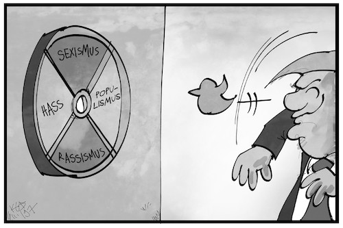 Cartoon: Trump twittert (medium) by Kostas Koufogiorgos tagged karikatur,koufogiorgos,illustration,cartoon,trump,twitter,ziel,zielscheibe,rassismus,sexismus,hass,hetze,usa,präsident,vogel,social,media,karikatur,koufogiorgos,illustration,cartoon,trump,twitter,ziel,zielscheibe,rassismus,sexismus,hass,hetze,usa,präsident,vogel,social,media
