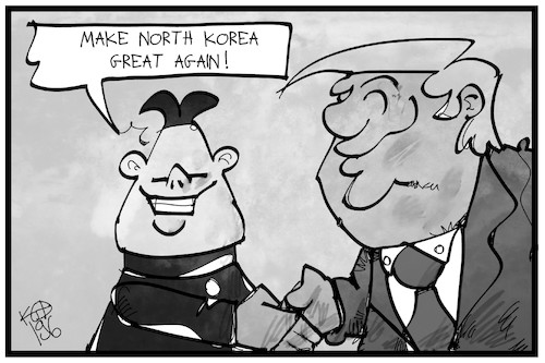 Cartoon: Trump und Kim (medium) by Kostas Koufogiorgos tagged karikatur,koufogiorgos,illustration,cartoon,nordkorea,trump,usa,kim,jong,un,motto,treffen,karikatur,koufogiorgos,illustration,cartoon,nordkorea,trump,usa,kim,jong,un,motto,treffen