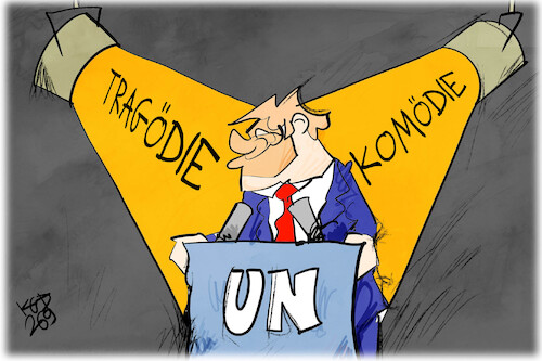 Cartoon: Trumps Rede (medium) by Kostas Koufogiorgos tagged karikatur,koufogiorgos,trump,rede,komödie,tragödie,theater,un,karikatur,koufogiorgos,trump,rede,komödie,tragödie,theater,un