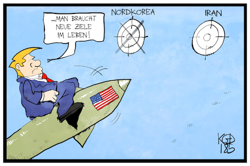 Cartoon: Trumps Ziele (medium) by Kostas Koufogiorgos tagged karikatur,koufogiorgos,illustration,cartoon,trump,nordkorea,ziel,iran,rakete,krieg,konflikt,atomdeal,abkommen,usa,karikatur,koufogiorgos,illustration,cartoon,trump,nordkorea,ziel,iran,rakete,krieg,konflikt,atomdeal,abkommen,usa